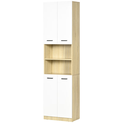 Bathroom Auxiliary Column Tall Bathroom Cabinet with 4 Doors 2 Open Shelves and Adjustable Shelves Modern Style for Living Room 53x33.5x195.7 cm White and Oak