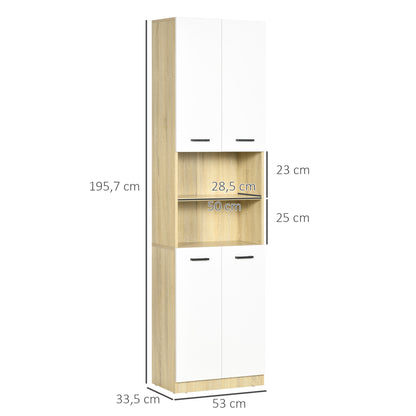 Bathroom Auxiliary Column Tall Bathroom Cabinet with 4 Doors 2 Open Shelves and Adjustable Shelves Modern Style for Living Room 53x33.5x195.7 cm White and Oak