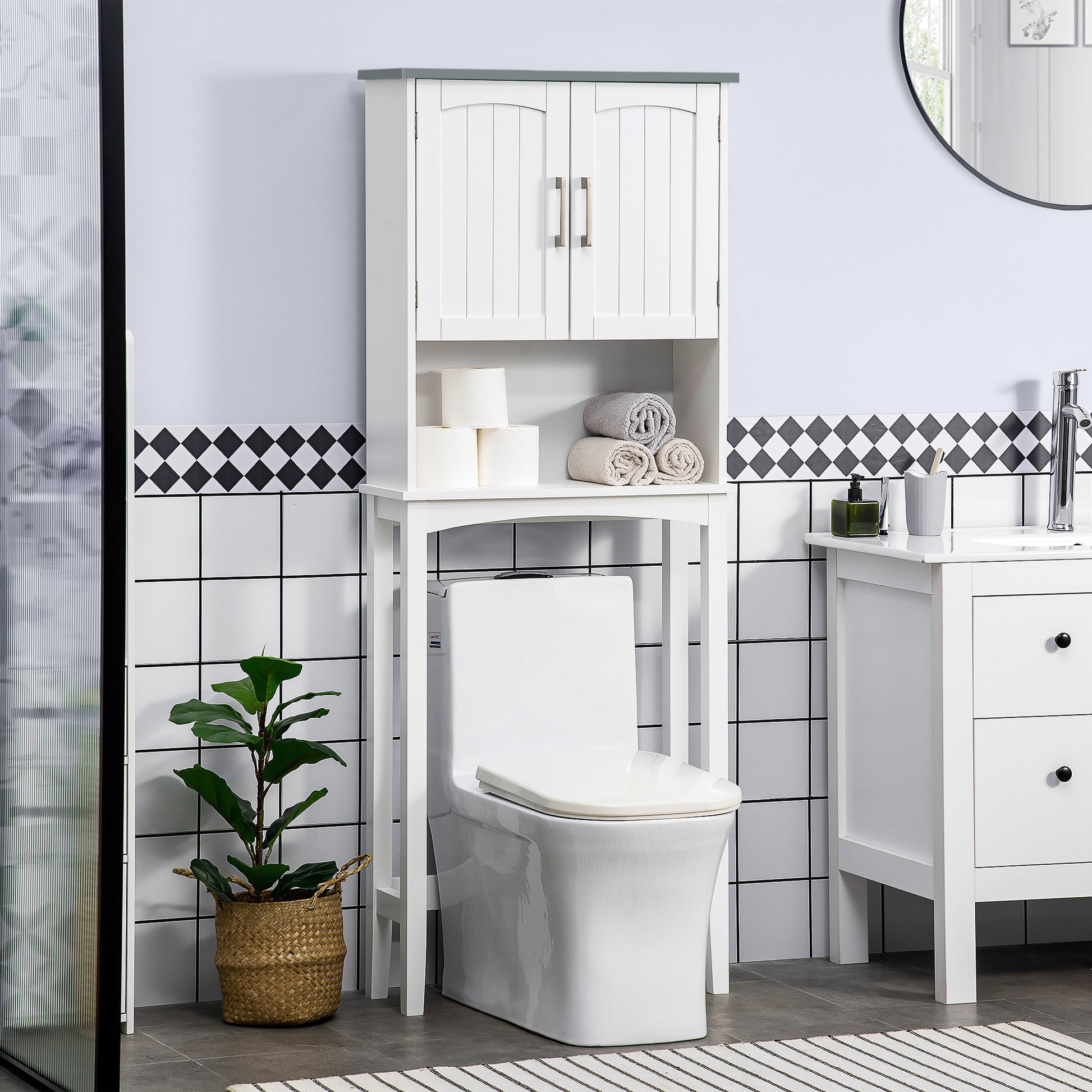 Over-the-Toilet Bathroom Cabinet with Double Door Cupboard, Adjustable Shelf, and Open Compartments, 64 x 22 x 165 cm, White