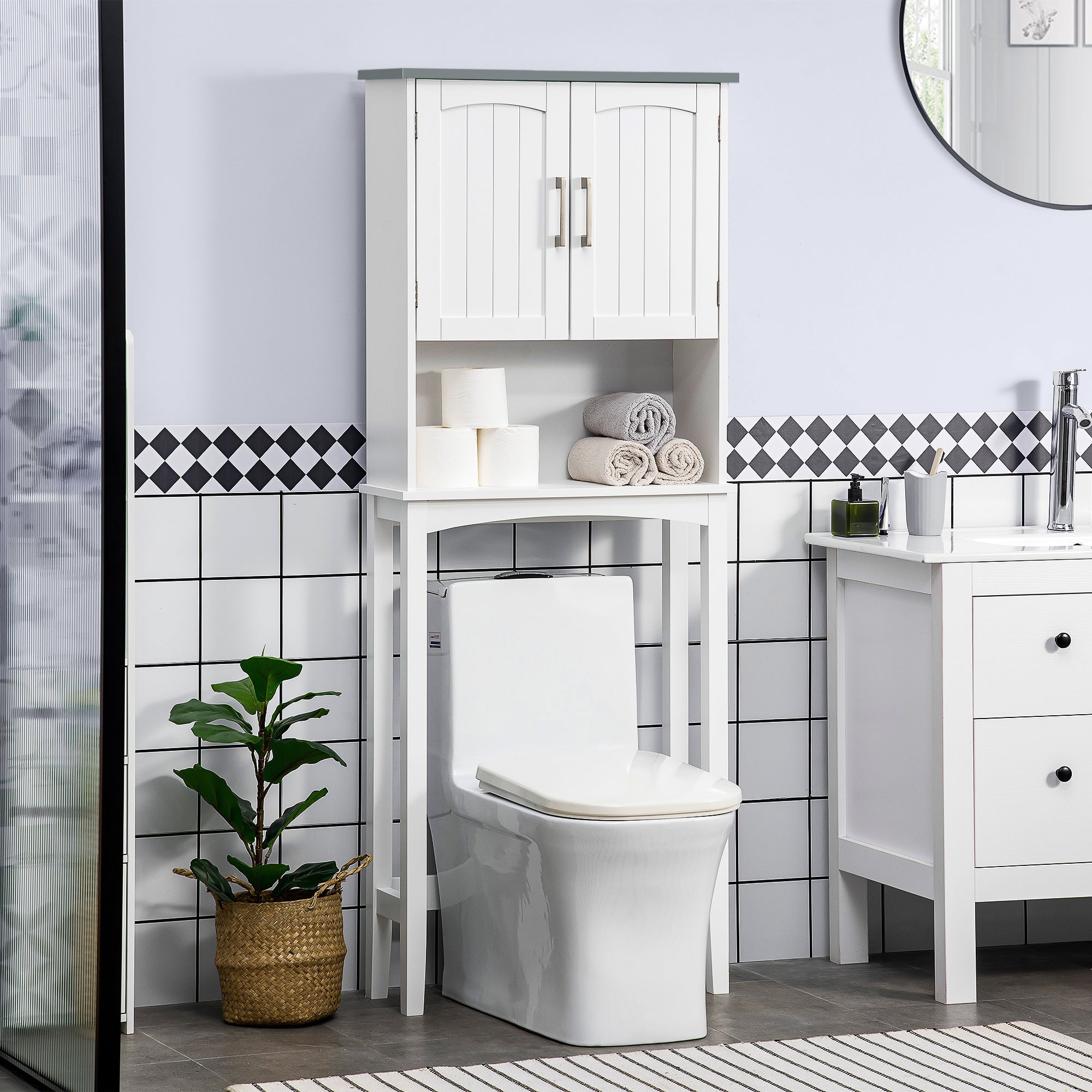 Over-the-Toilet Bathroom Cabinet with Double Door Cupboard, Adjustable Shelf, and Open Compartments, 64 x 22 x 165 cm, White