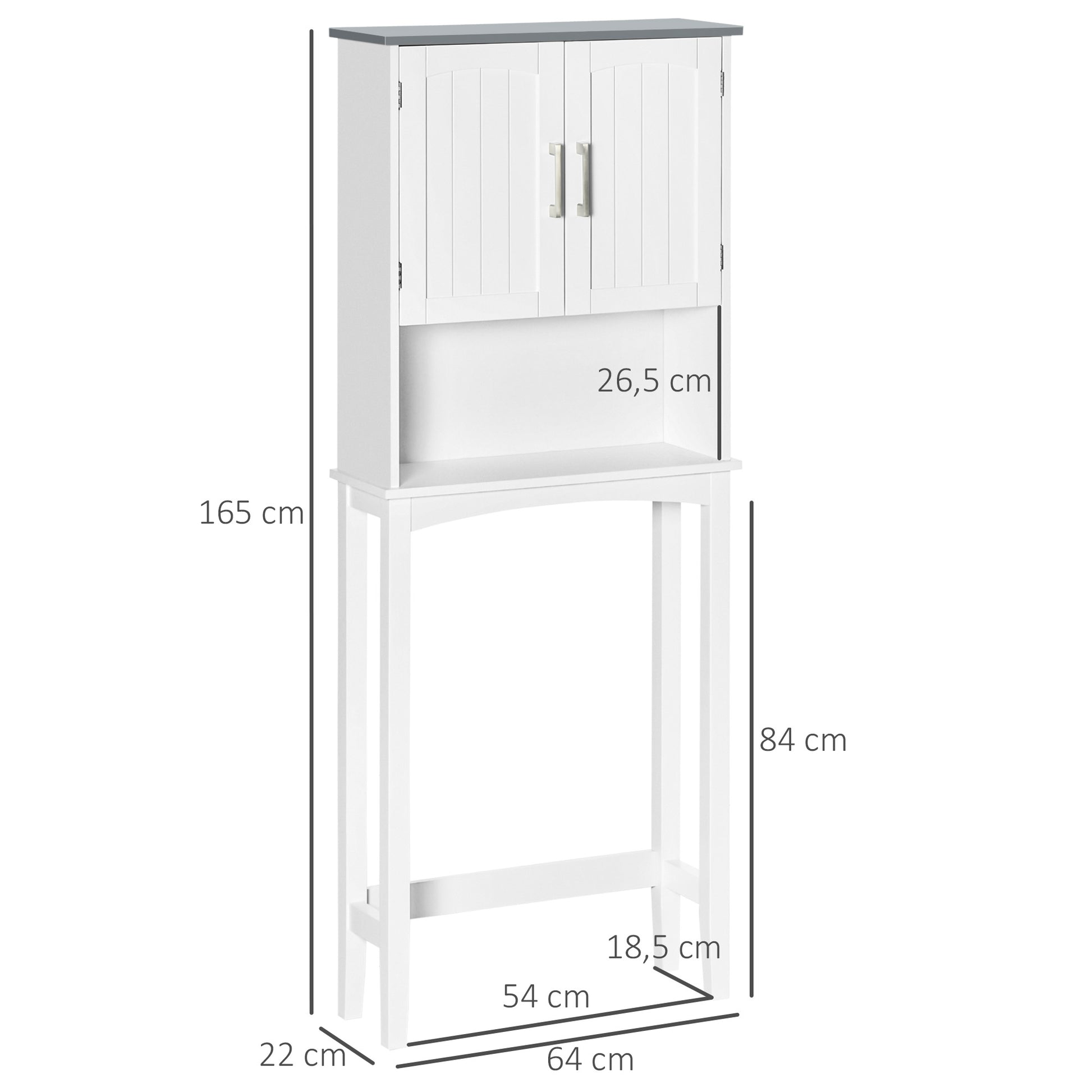 Over-the-Toilet Bathroom Cabinet with Double Door Cupboard, Adjustable Shelf, and Open Compartments, 64 x 22 x 165 cm, White