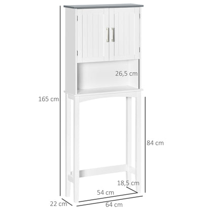 Over-the-Toilet Bathroom Cabinet with Double Door Cupboard, Adjustable Shelf, and Open Compartments, 64 x 22 x 165 cm, White