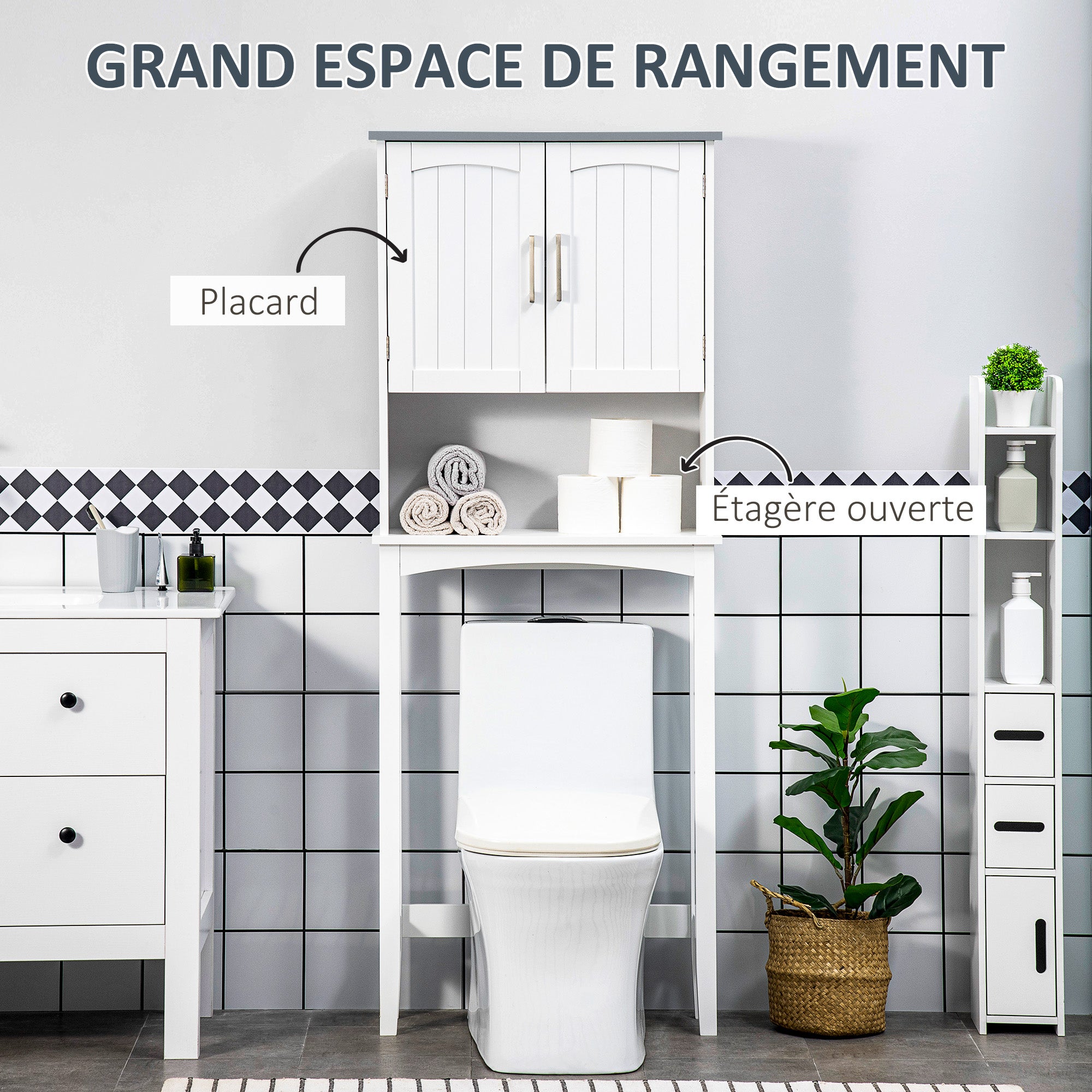 Over-the-Toilet Bathroom Cabinet with Double Door Cupboard, Adjustable Shelf, and Open Compartments, 64 x 22 x 165 cm, White