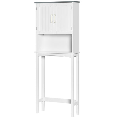 Over-the-Toilet Bathroom Cabinet with Double Door Cupboard, Adjustable Shelf, and Open Compartments, 64 x 22 x 165 cm, White