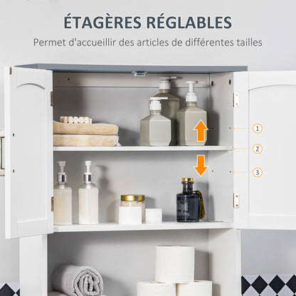 Over-the-Toilet Bathroom Cabinet with Double Door Cupboard, Adjustable Shelf, and Open Compartments, 64 x 22 x 165 cm, White