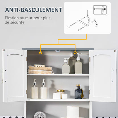 Over-the-Toilet Bathroom Cabinet with Double Door Cupboard, Adjustable Shelf, and Open Compartments, 64 x 22 x 165 cm, White