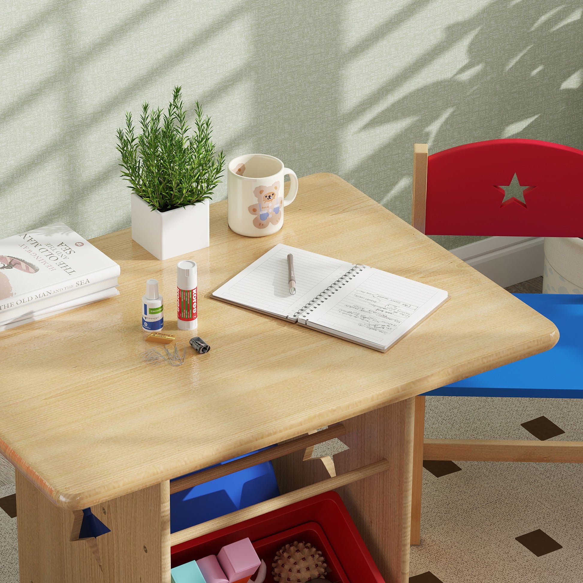 3-Piece Kids Table and Chairs Set Children's Table with 2 Chairs and 4 Storage Baskets Furniture Set for Kids Activities +3 Years for Playroom Natural