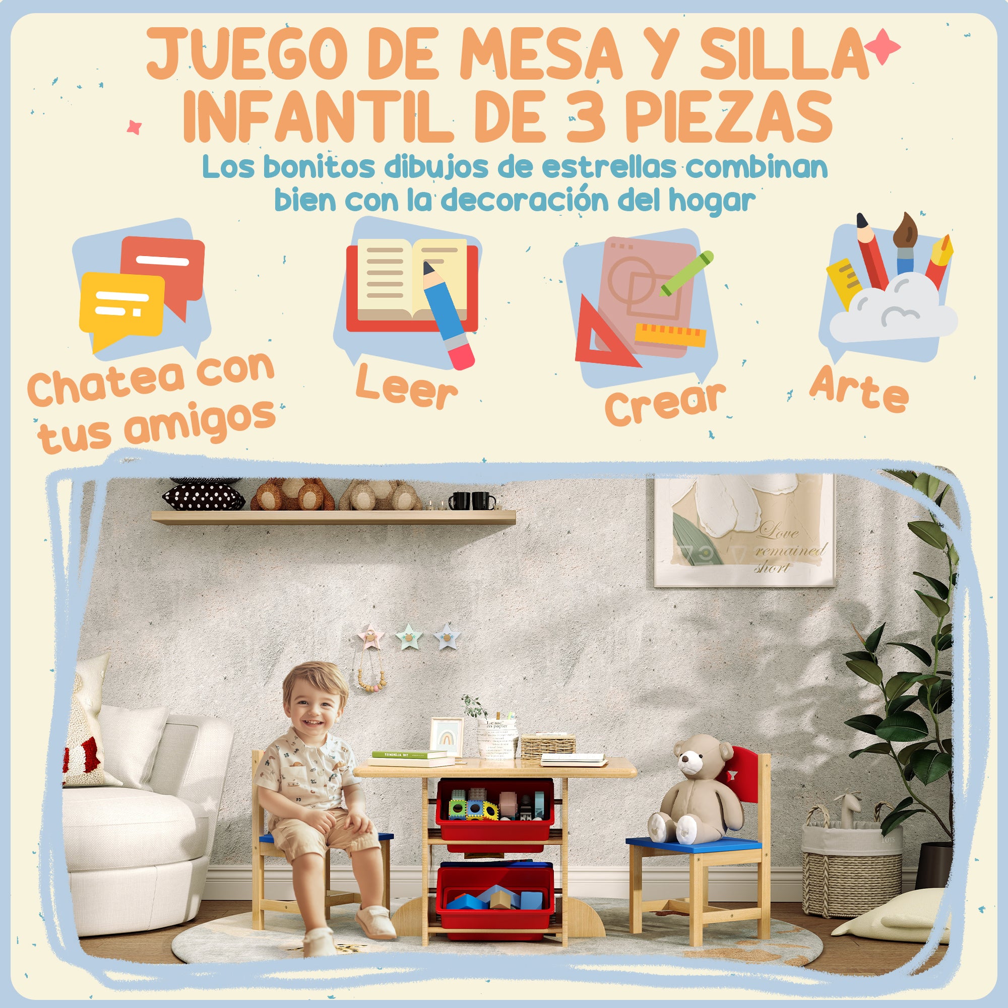 3-Piece Kids Table and Chairs Set Children's Table with 2 Chairs and 4 Storage Baskets Furniture Set for Kids Activities +3 Years for Playroom Natural