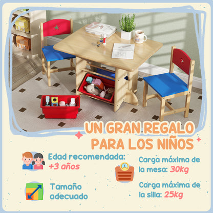 3-Piece Kids Table and Chairs Set Children's Table with 2 Chairs and 4 Storage Baskets Furniture Set for Kids Activities +3 Years for Playroom Natural