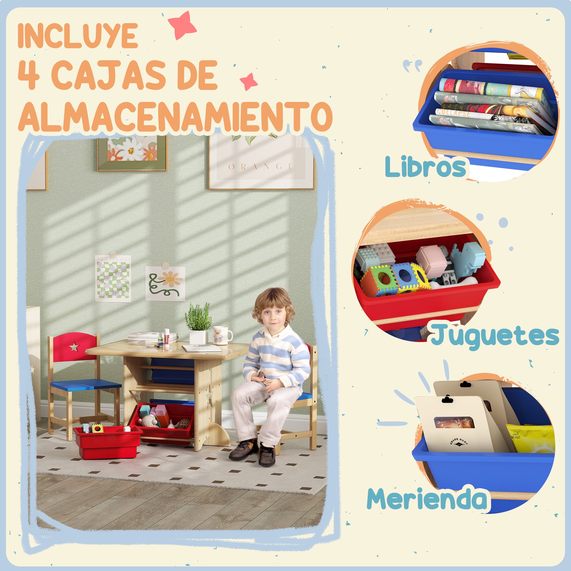 3-Piece Kids Table and Chairs Set Children's Table with 2 Chairs and 4 Storage Baskets Furniture Set for Kids Activities +3 Years for Playroom Natural