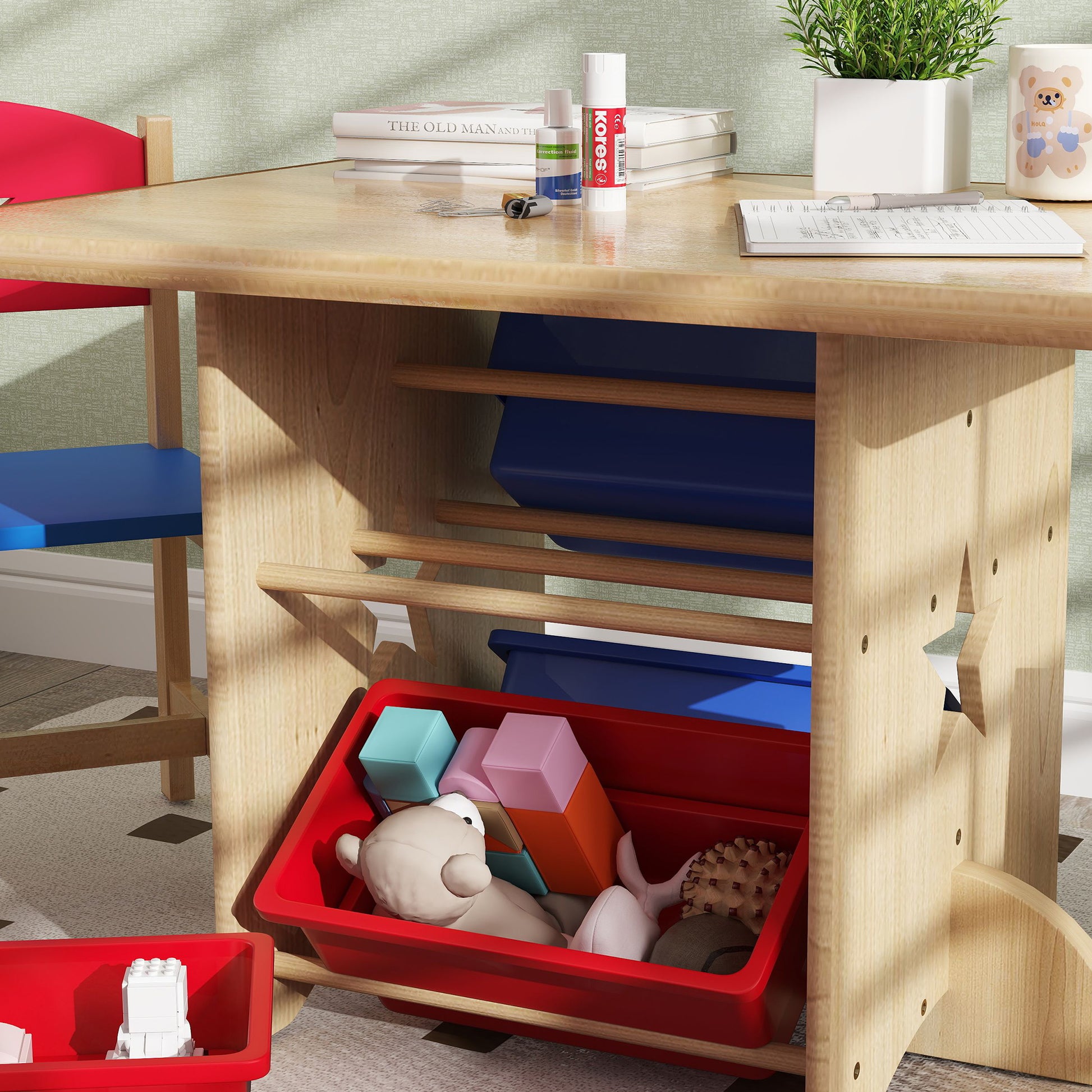 3-Piece Kids Table and Chairs Set Children's Table with 2 Chairs and 4 Storage Baskets Furniture Set for Kids Activities +3 Years for Playroom Natural