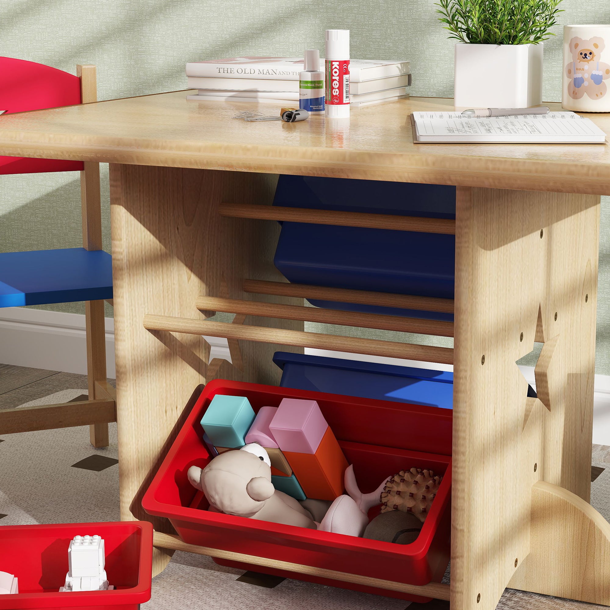 3-Piece Kids Table and Chairs Set Children's Table with 2 Chairs and 4 Storage Baskets Furniture Set for Kids Activities +3 Years for Playroom Natural