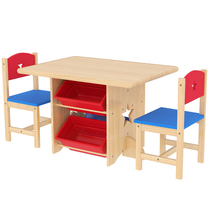 3-Piece Kids Table and Chairs Set Children's Table with 2 Chairs and 4 Storage Baskets Furniture Set for Kids Activities +3 Years for Playroom Natural