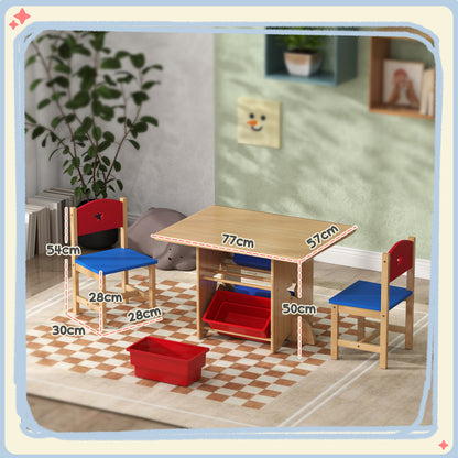 3-Piece Kids Table and Chairs Set Children's Table with 2 Chairs and 4 Storage Baskets Furniture Set for Kids Activities +3 Years for Playroom Natural