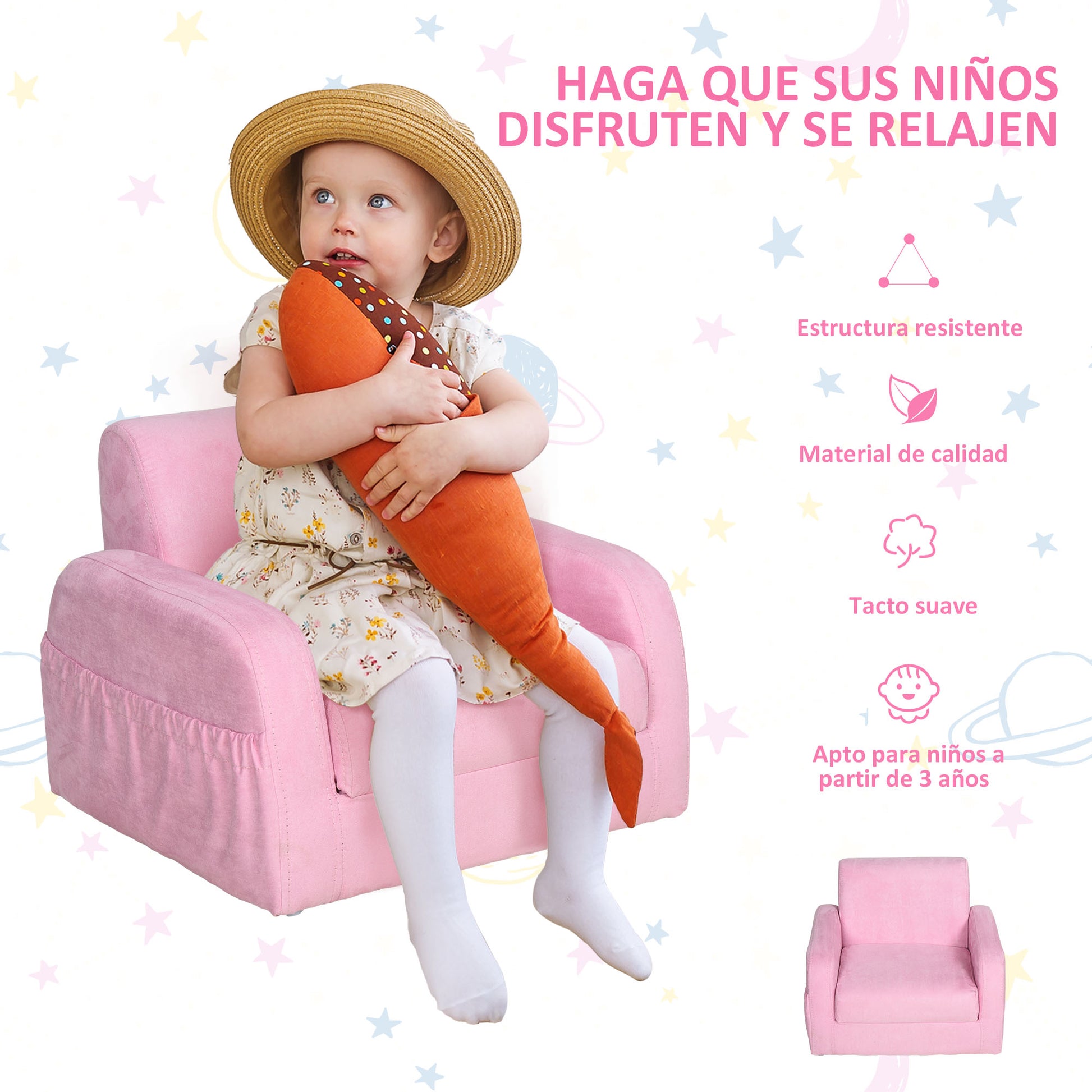 Kids Sofa for 3-Year-Olds Transformable 2-in-1 Children's Folding Bed with Armrests Wide Padded Seat 47x45x38 cm Pink
