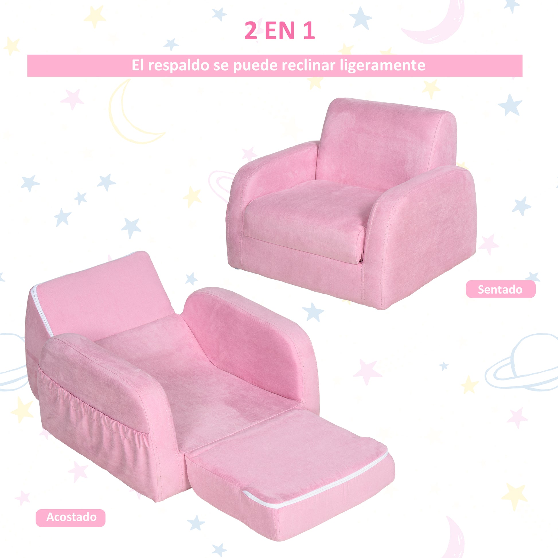 Kids Sofa for 3-Year-Olds Transformable 2-in-1 Children's Folding Bed with Armrests Wide Padded Seat 47x45x38 cm Pink