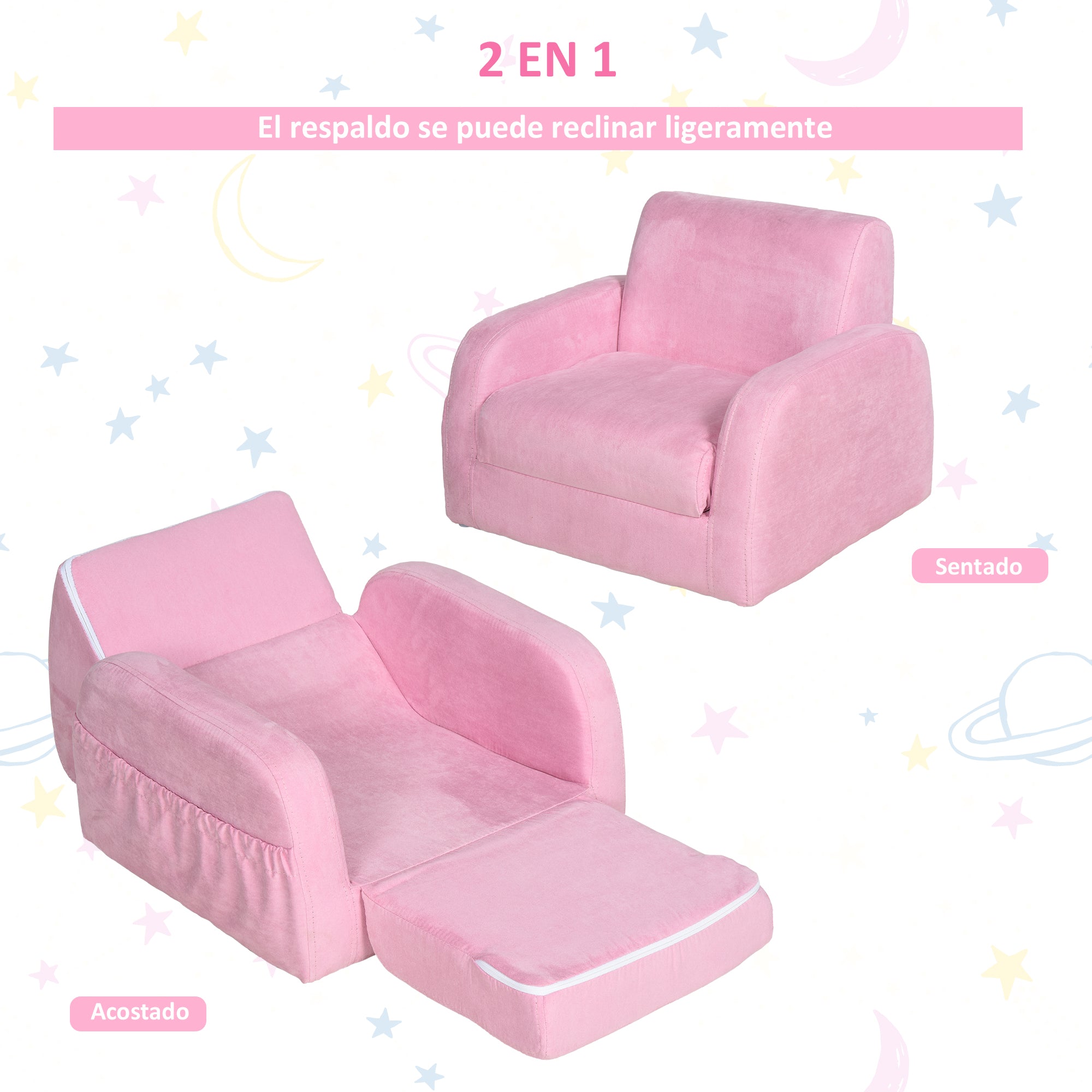 Kids Sofa for 3-Year-Olds Transformable 2-in-1 Children's Folding Bed with Armrests Wide Padded Seat 47x45x38 cm Pink