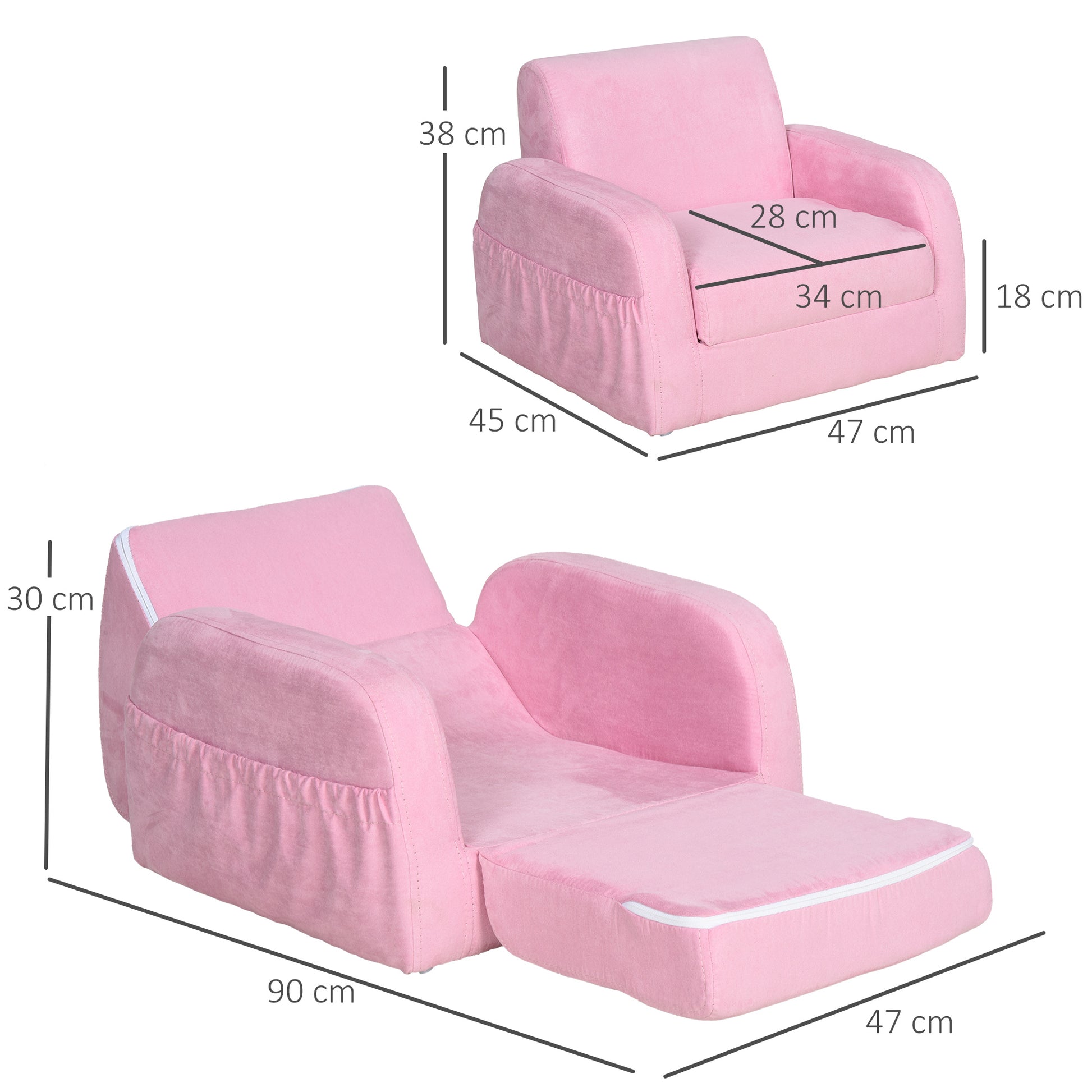 Kids Sofa for 3-Year-Olds Transformable 2-in-1 Children's Folding Bed with Armrests Wide Padded Seat 47x45x38 cm Pink