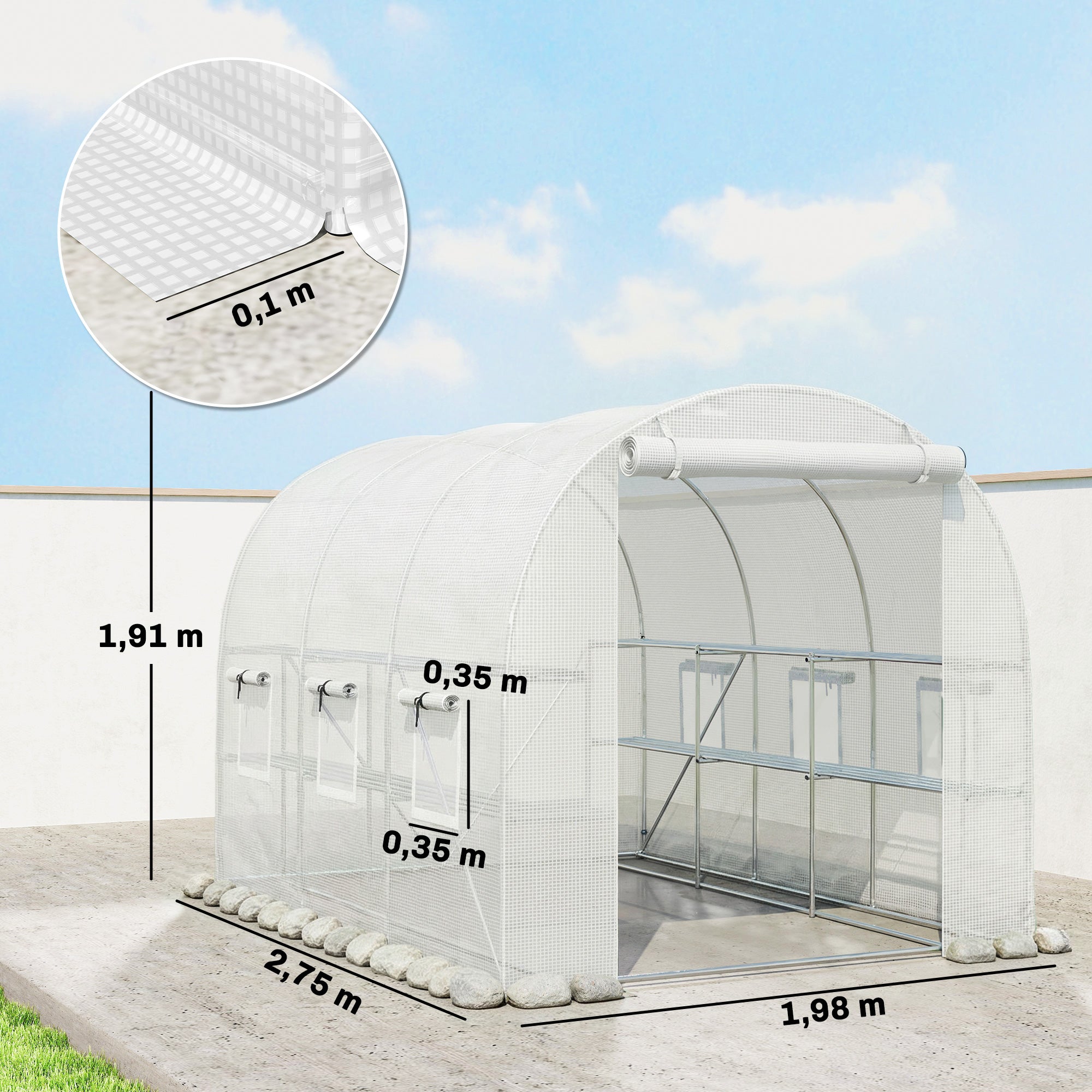 PE Tunnel Greenhouse with Shelves, Roll-Up Zip Door, 6 Mesh Windows, Support Bars, UV-Resistant Cover, Winter-Ready Tomato House, White (198 x 275 x 191 cm)