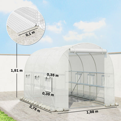 PE Tunnel Greenhouse with Shelves, Roll-Up Zip Door, 6 Mesh Windows, Support Bars, UV-Resistant Cover, Winter-Ready Tomato House, White (198 x 275 x 191 cm)
