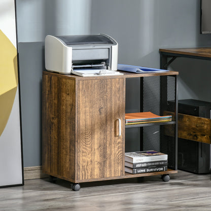 Printer Stand - office organizer cabinet - cupboard door, 2 niches, large shelf - wood-colored particle boards black metal