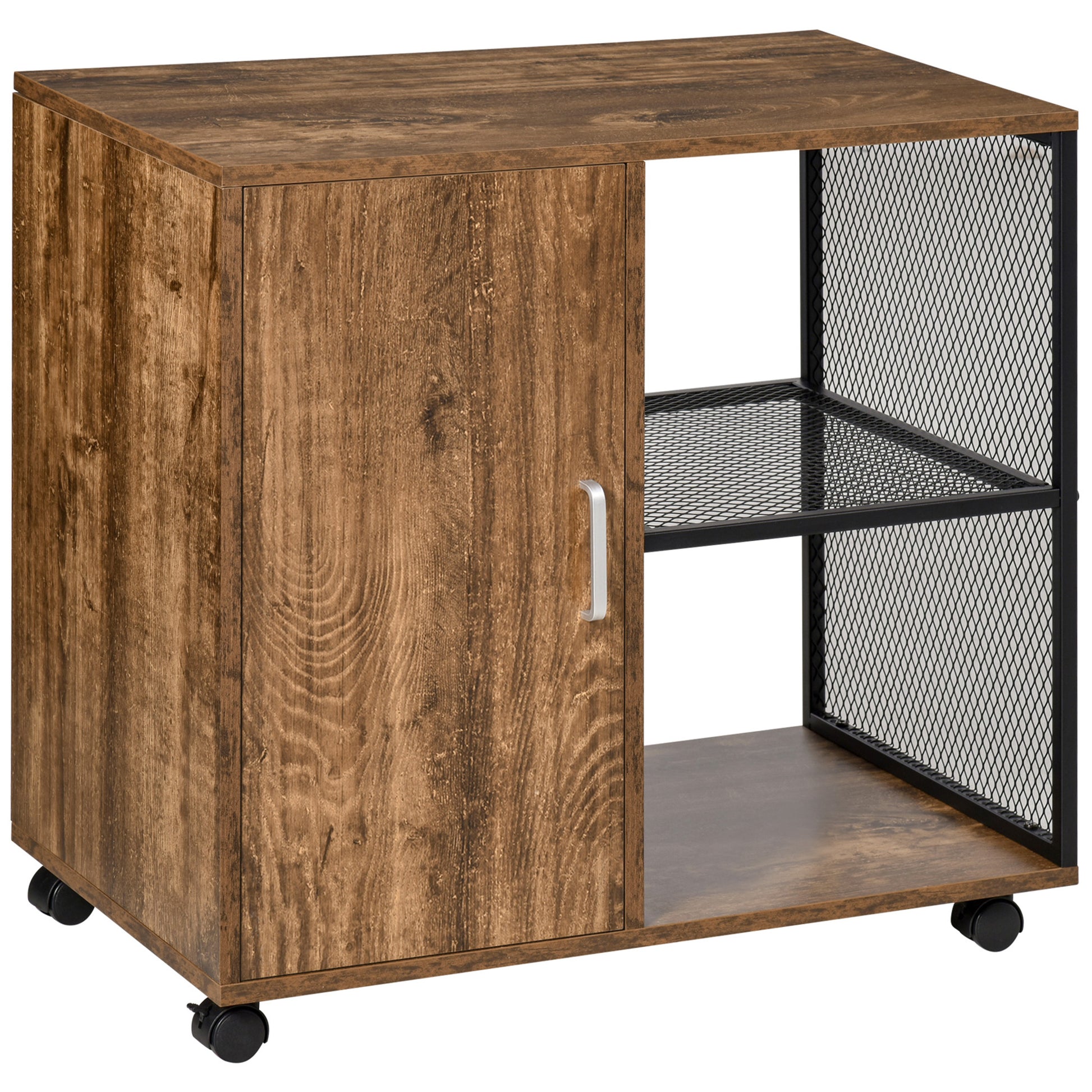 Printer Stand - office organizer cabinet - cupboard door, 2 niches, large shelf - wood-colored particle boards black metal