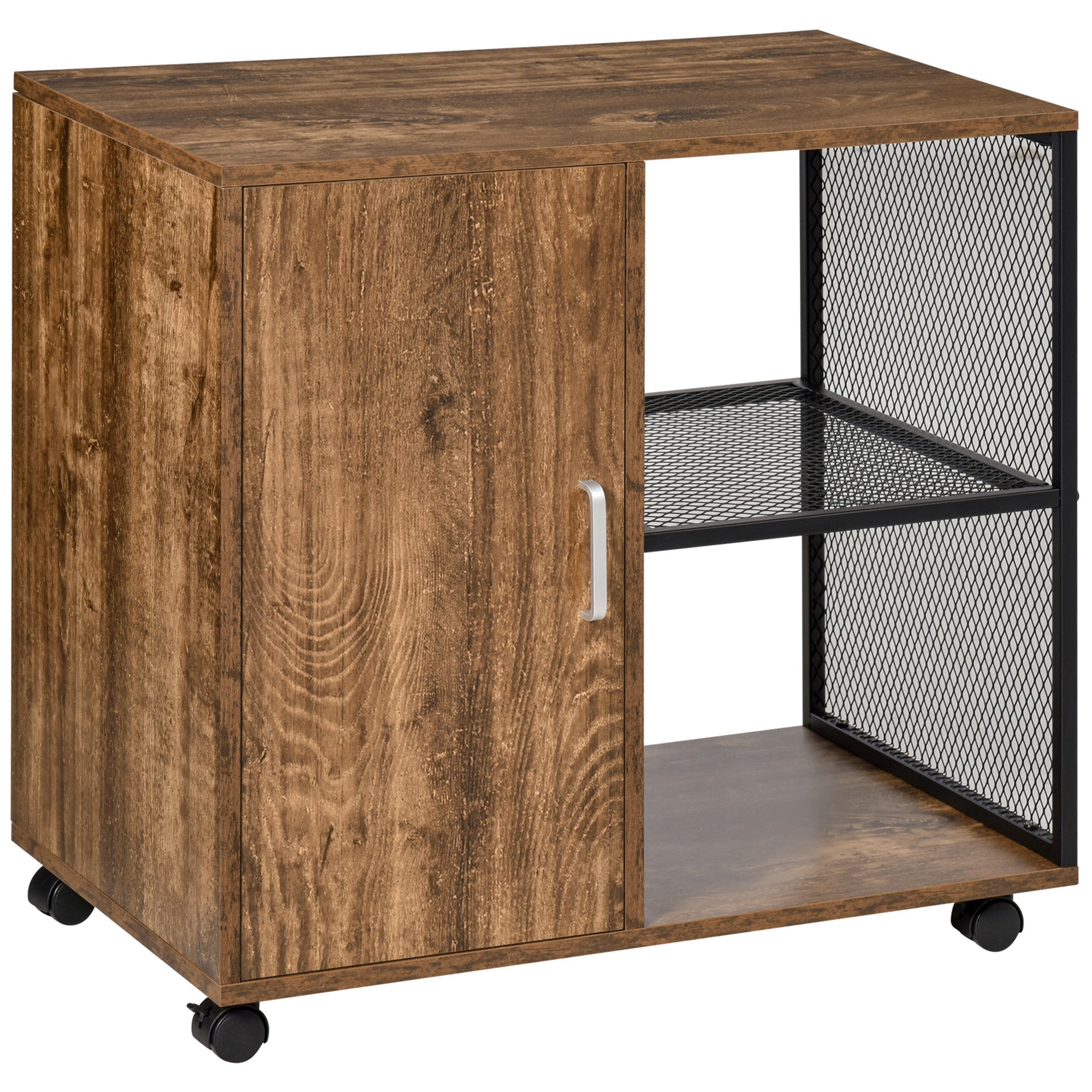 Printer Stand - office organizer cabinet - cupboard door, 2 niches, large shelf - wood-colored particle boards black metal