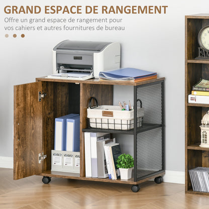 Printer Stand - office organizer cabinet - cupboard door, 2 niches, large shelf - wood-colored particle boards black metal