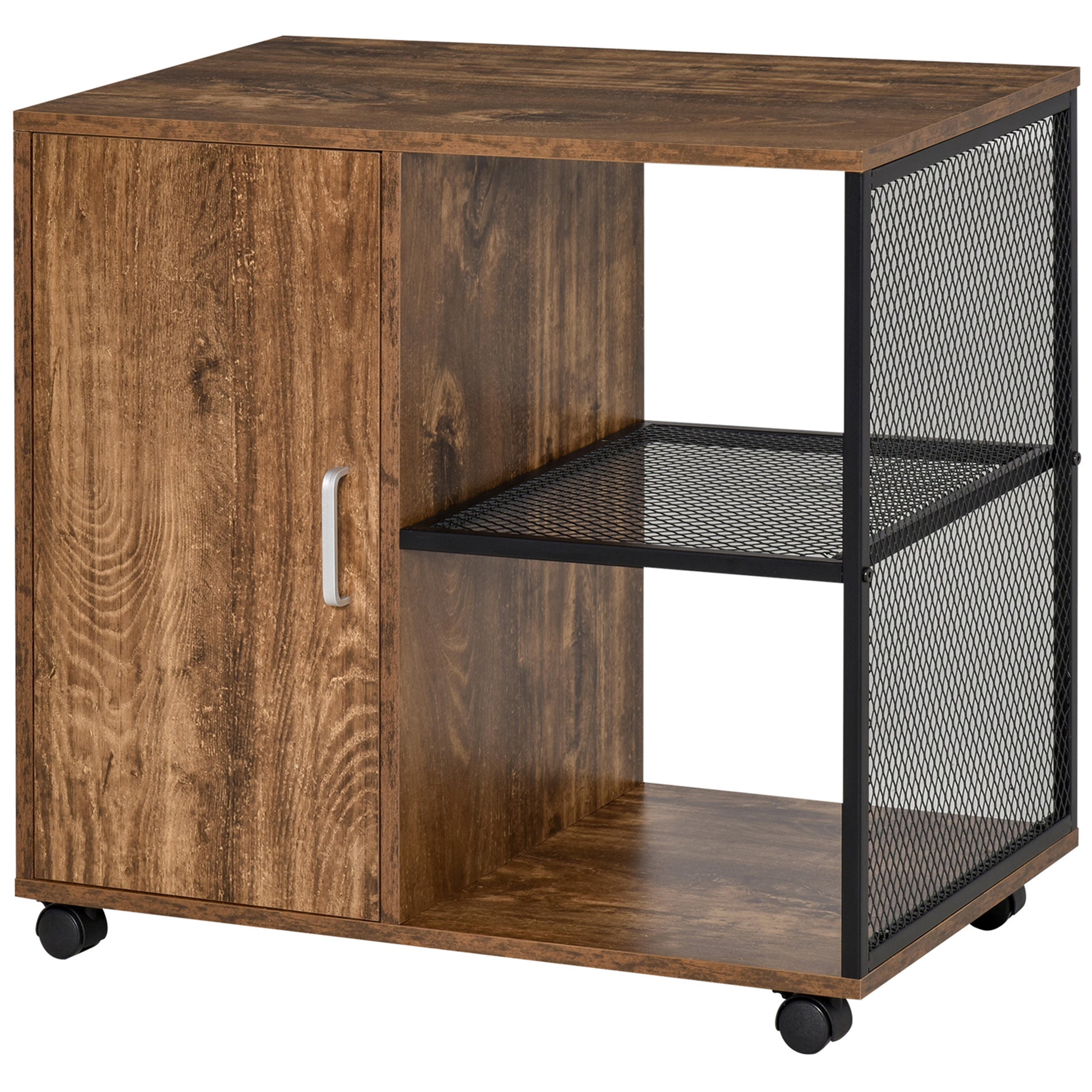 Printer Stand - office organizer cabinet - cupboard door, 2 niches, large shelf - wood-colored particle boards black metal