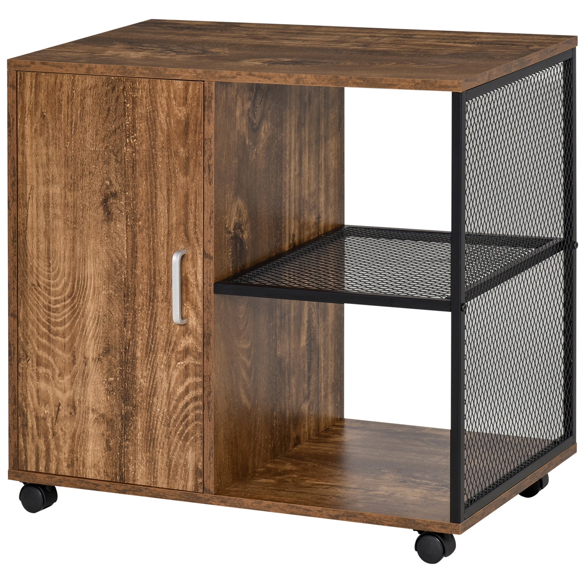 Printer Stand - office organizer cabinet - cupboard door, 2 niches, large shelf - wood-colored particle boards black metal