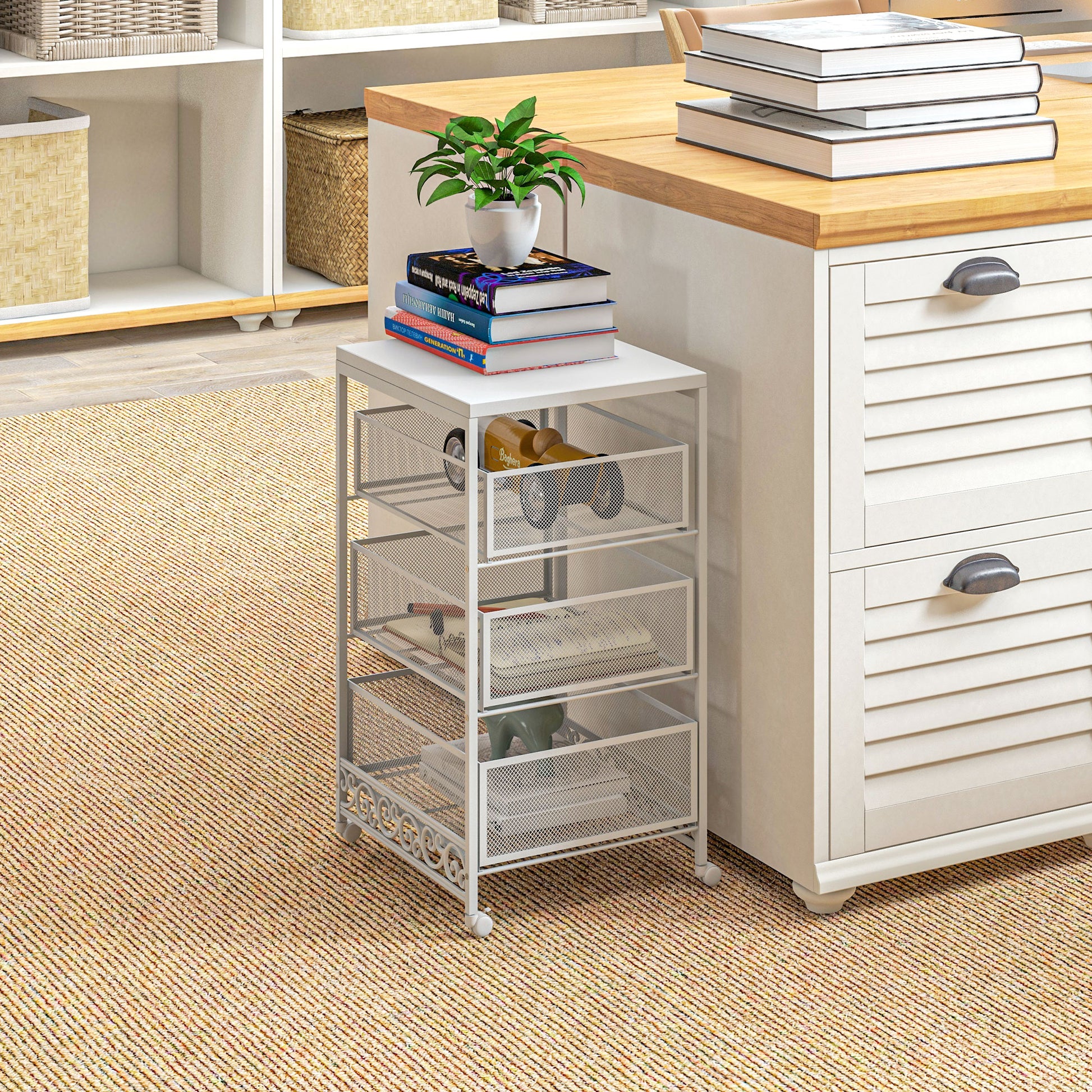 Utility Cart with Wheels 3-Level Storage Cart with 3 Basket Drawers for Living Room Dining Room Kitchen Bathroom 34x29.5x57.5 cm White