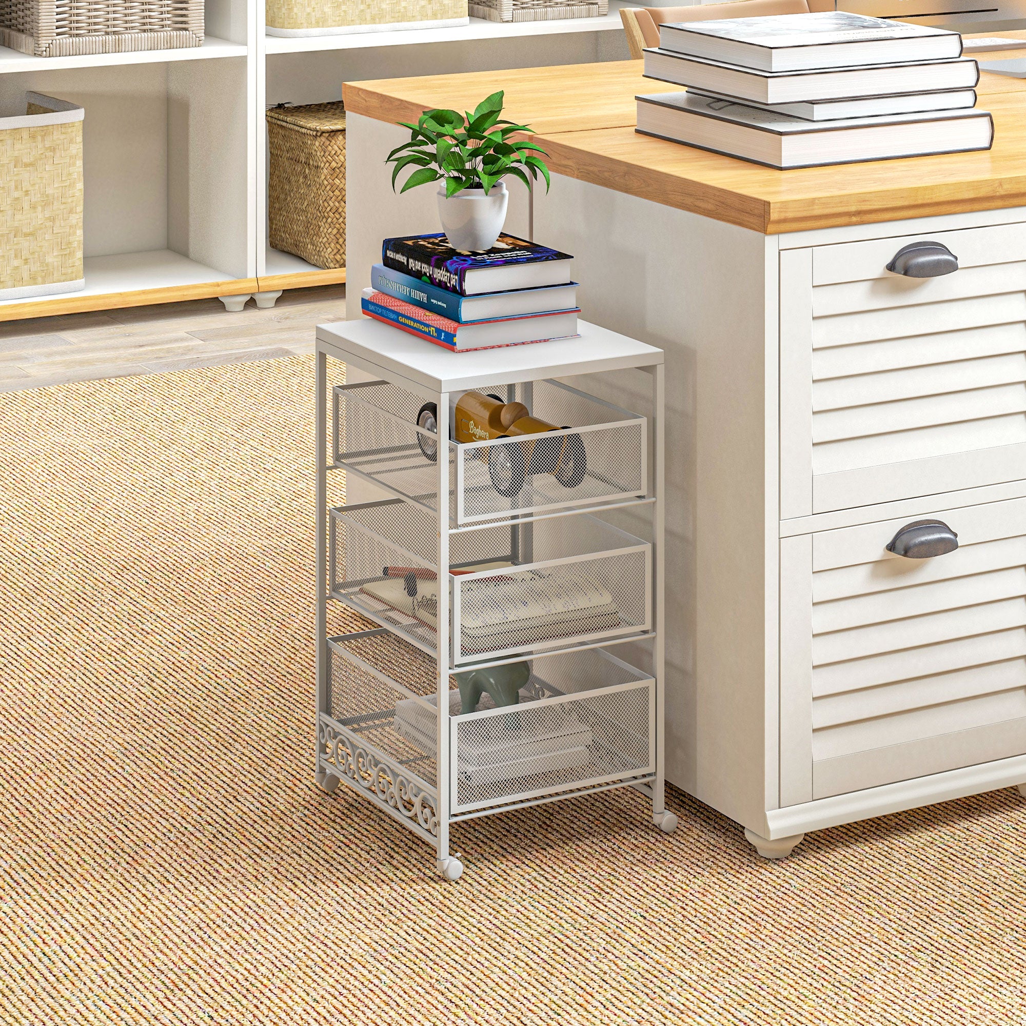 Utility Cart with Wheels 3-Level Storage Cart with 3 Basket Drawers for Living Room Dining Room Kitchen Bathroom 34x29.5x57.5 cm White