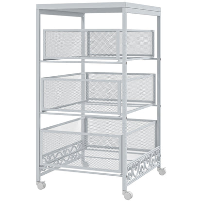 Utility Cart with Wheels 3-Level Storage Cart with 3 Basket Drawers for Living Room Dining Room Kitchen Bathroom 34x29.5x57.5 cm White