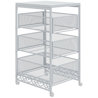 Utility Cart with Wheels 3-Level Storage Cart with 3 Basket Drawers for Living Room Dining Room Kitchen Bathroom 34x29.5x57.5 cm White