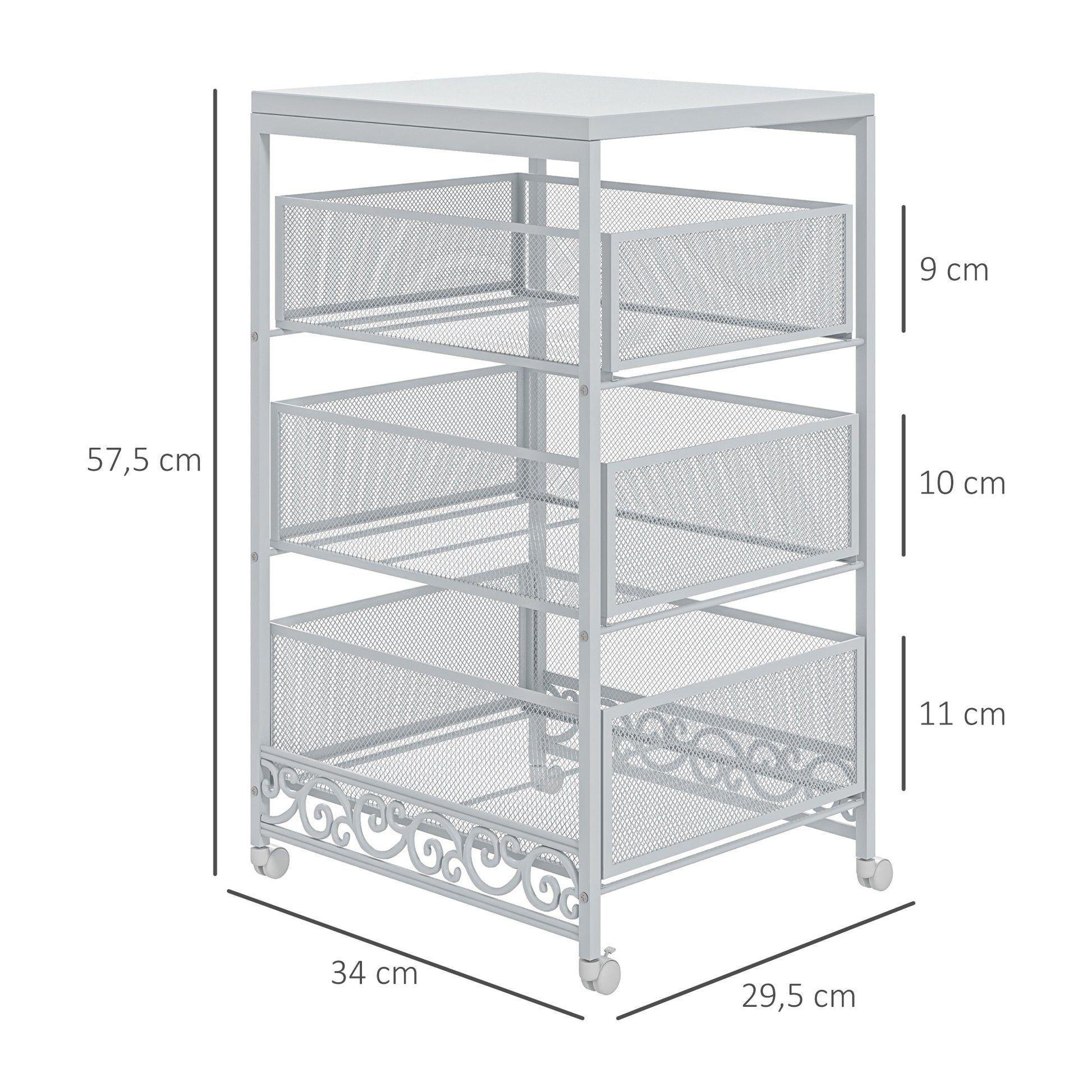 Utility Cart with Wheels 3-Level Storage Cart with 3 Basket Drawers for Living Room Dining Room Kitchen Bathroom 34x29.5x57.5 cm White