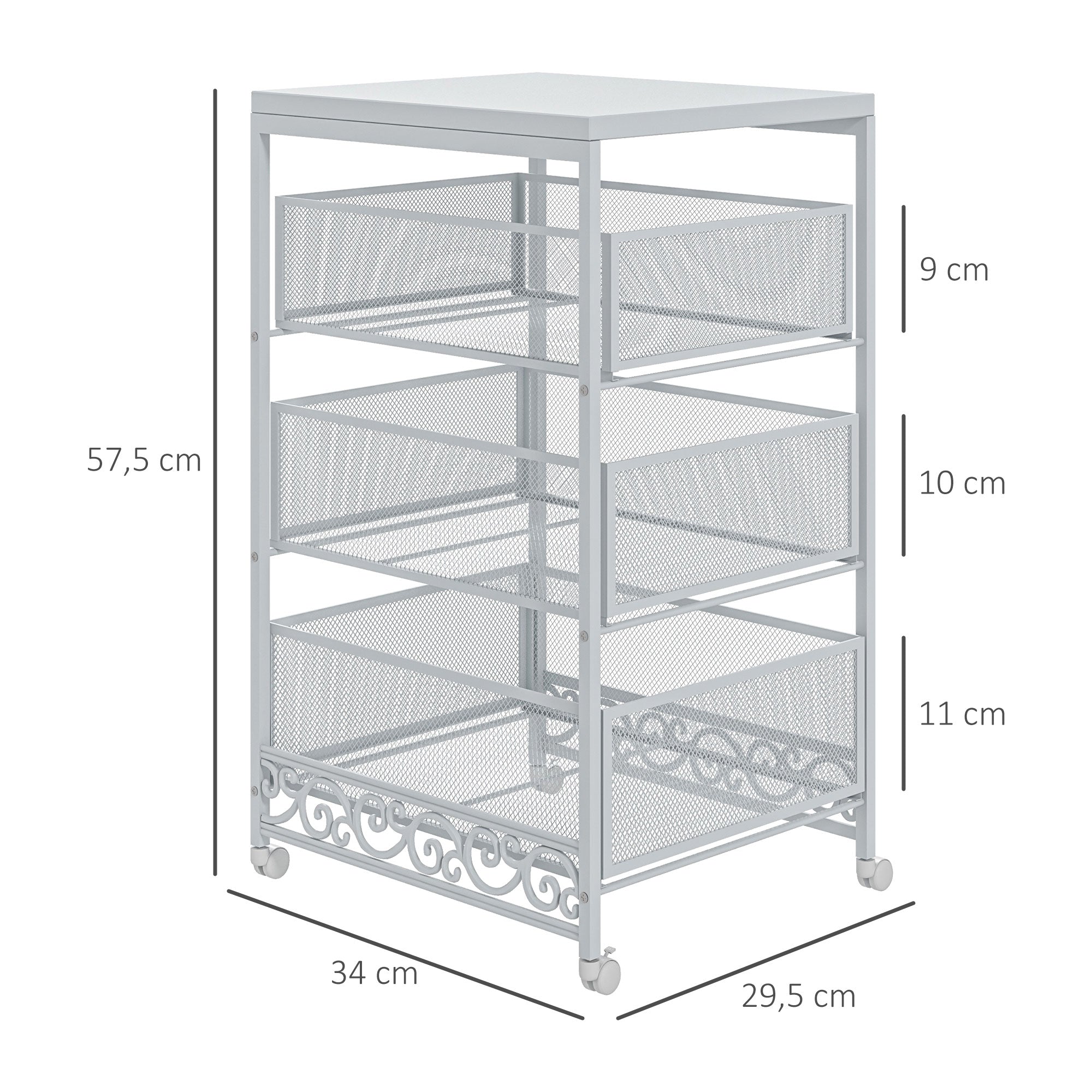 Utility Cart with Wheels 3-Level Storage Cart with 3 Basket Drawers for Living Room Dining Room Kitchen Bathroom 34x29.5x57.5 cm White