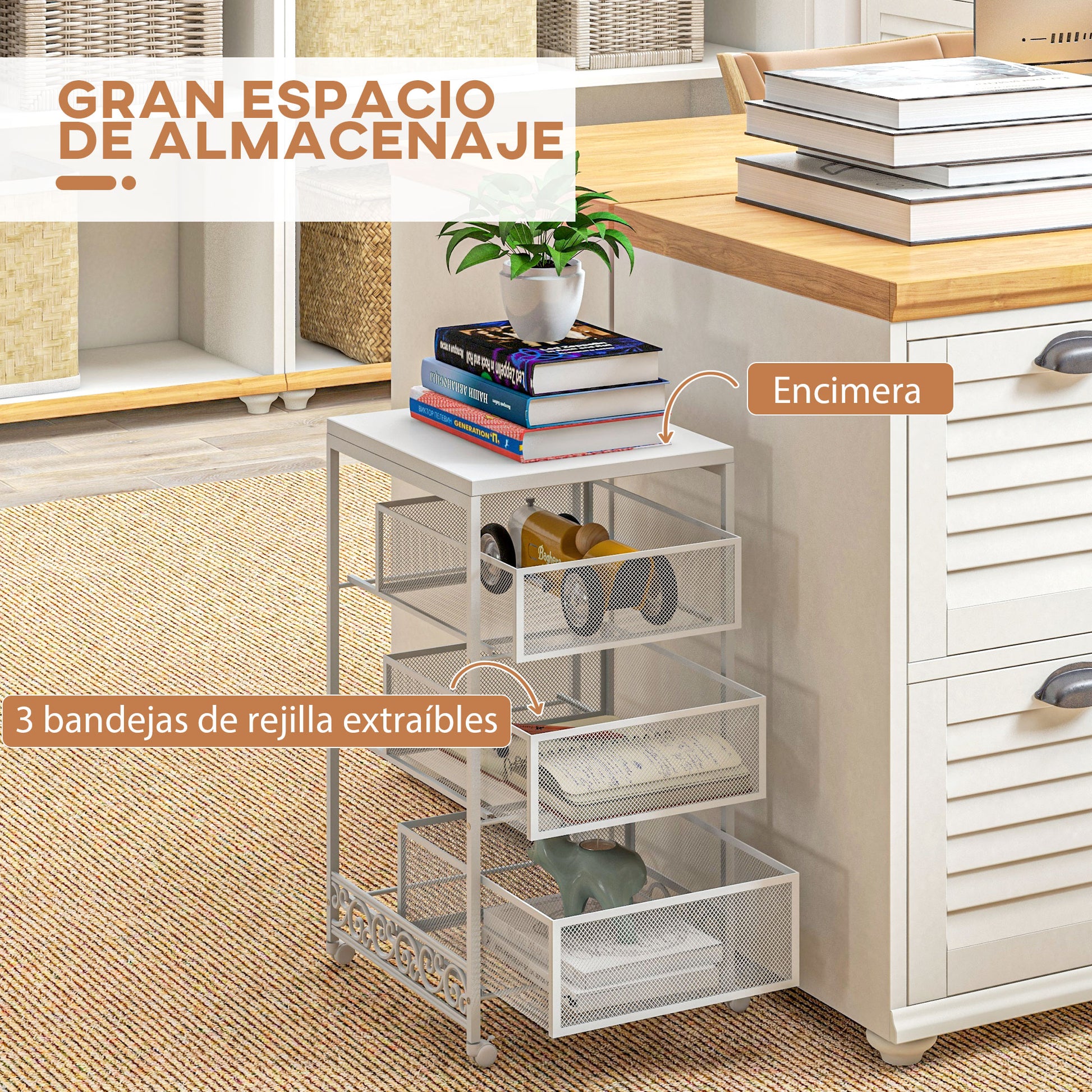 Utility Cart with Wheels 3-Level Storage Cart with 3 Basket Drawers for Living Room Dining Room Kitchen Bathroom 34x29.5x57.5 cm White
