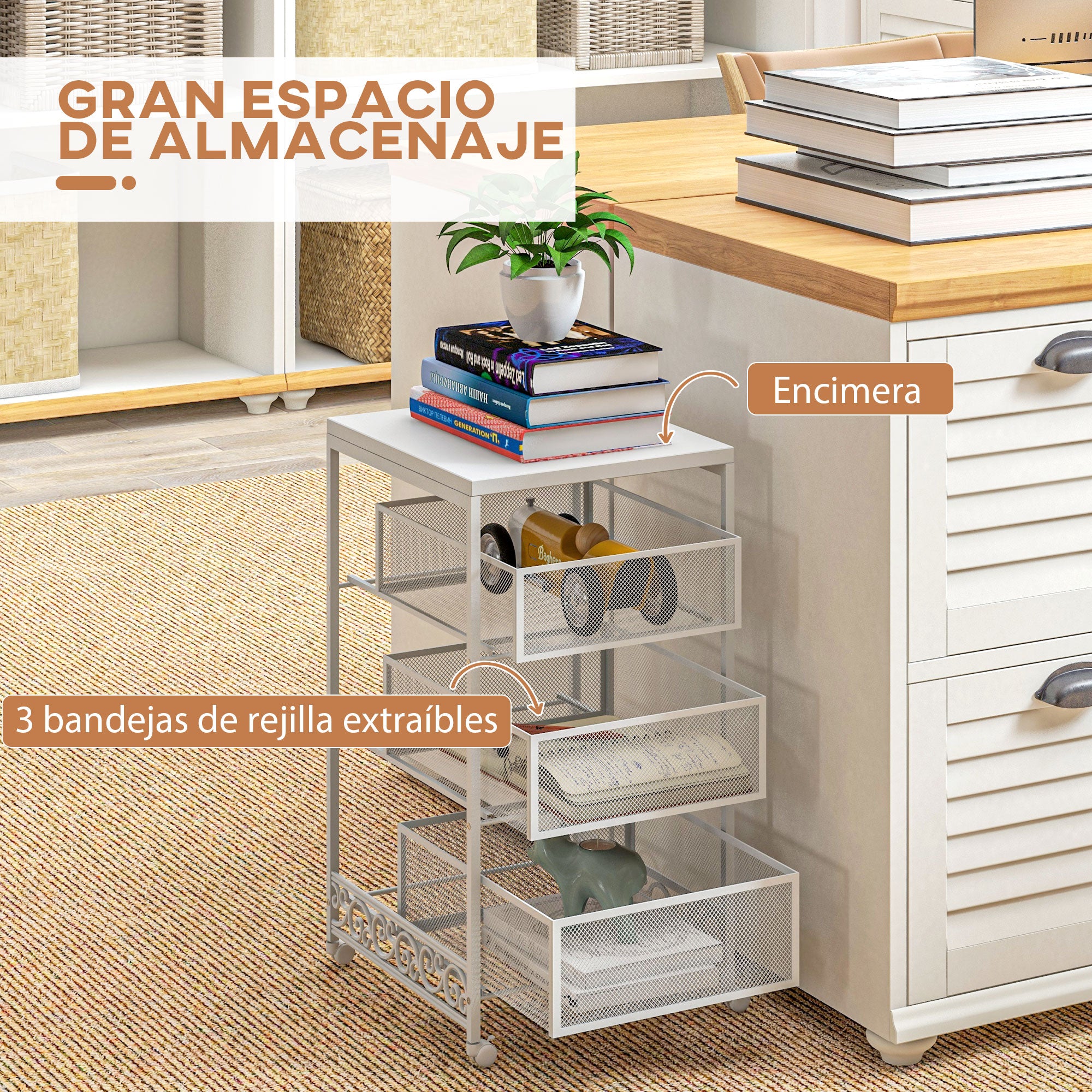 Utility Cart with Wheels 3-Level Storage Cart with 3 Basket Drawers for Living Room Dining Room Kitchen Bathroom 34x29.5x57.5 cm White