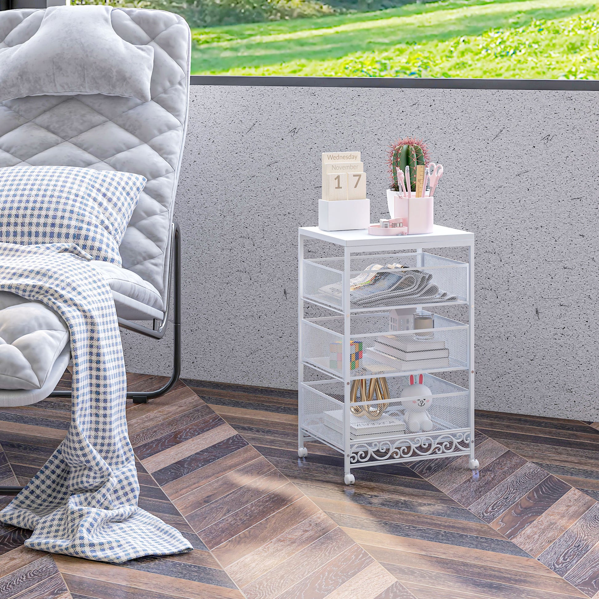 Utility Cart with Wheels 3-Level Storage Cart with 3 Basket Drawers for Living Room Dining Room Kitchen Bathroom 34x29.5x57.5 cm White