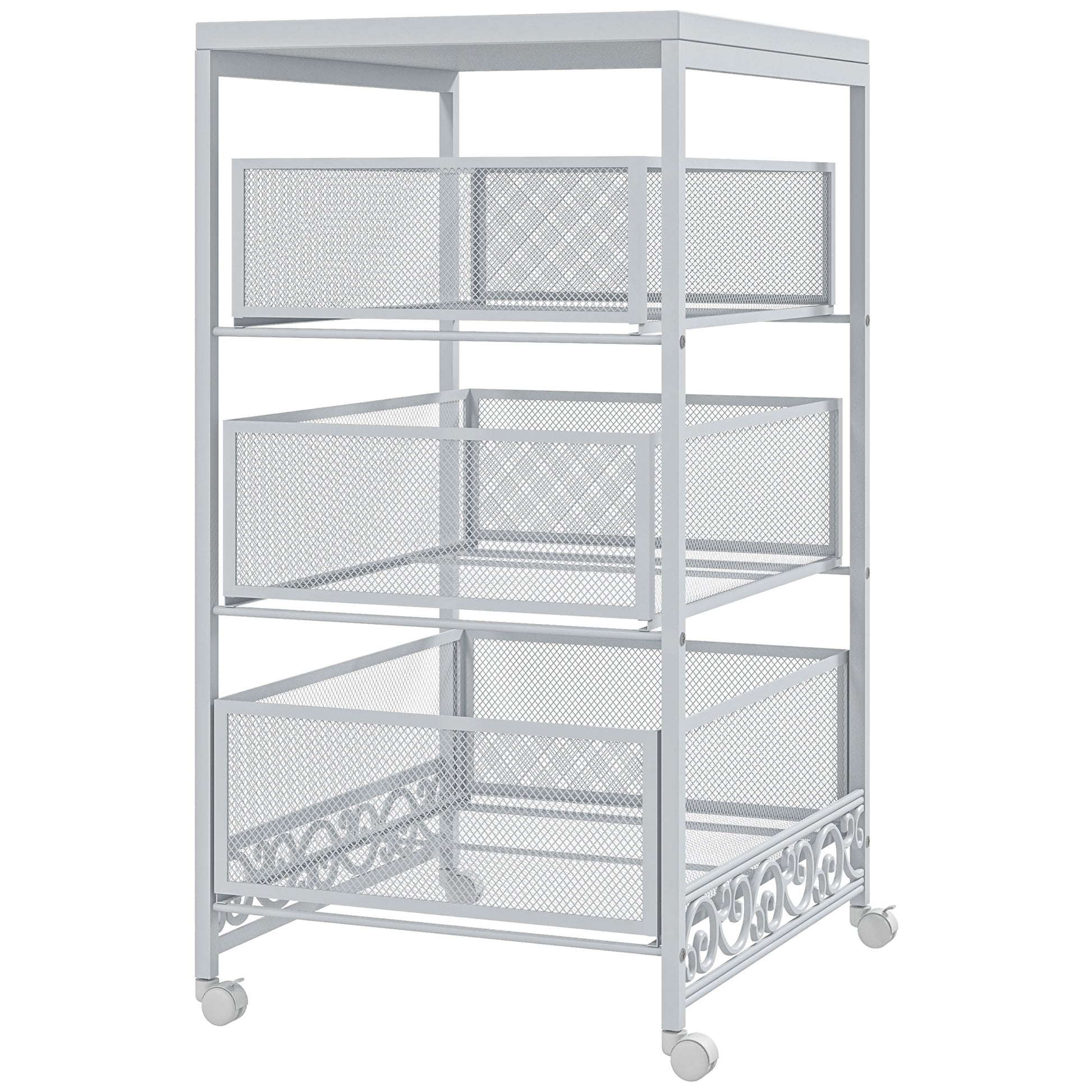 Utility Cart with Wheels 3-Level Storage Cart with 3 Basket Drawers for Living Room Dining Room Kitchen Bathroom 34x29.5x57.5 cm White