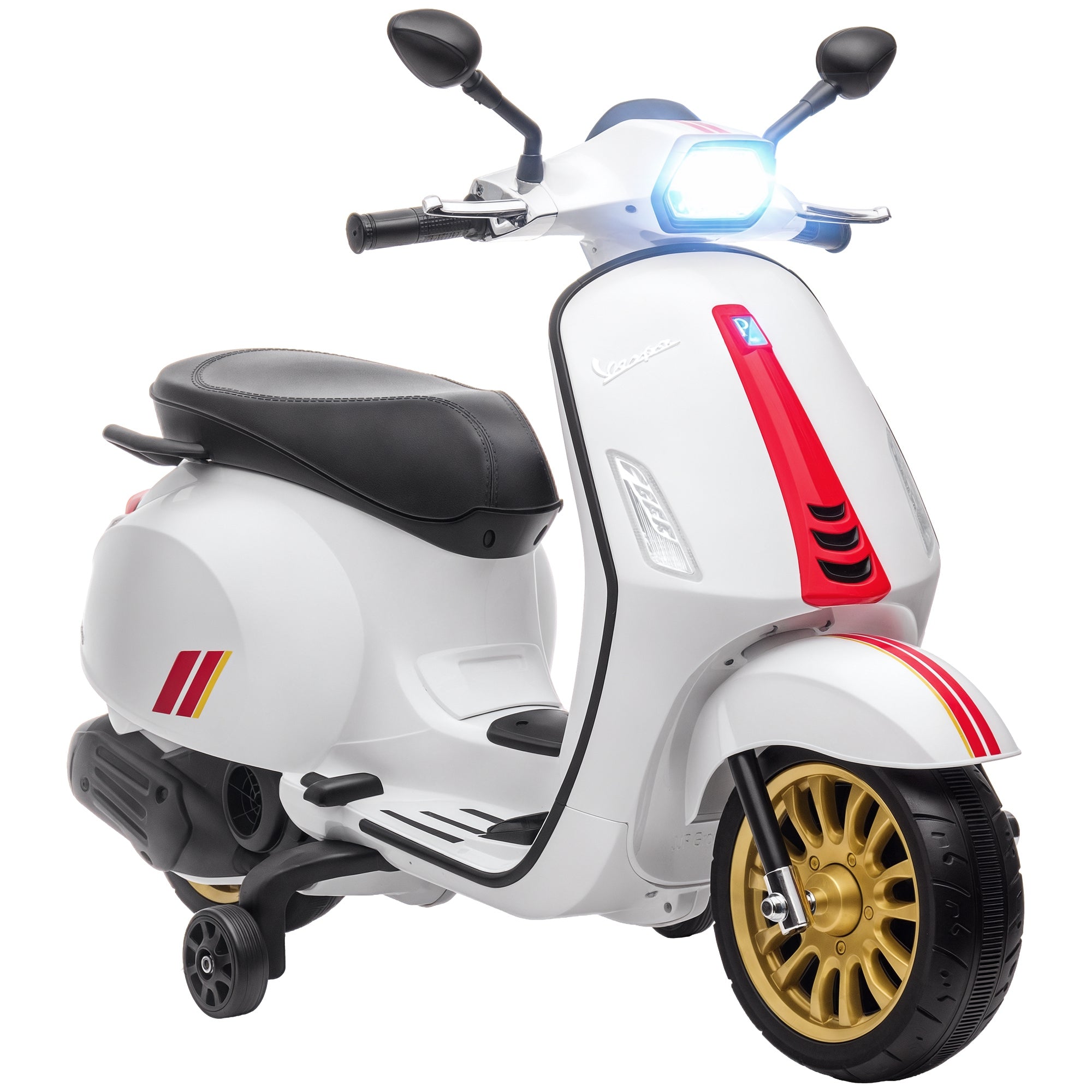 Electric Motorcycle for Kids 3+ Years with Vespa Licensed 6V Battery-Powered Motorcycle for Kids with USB MP3 LED Light FM Radio Speed 3 km/h Load 35 kg White