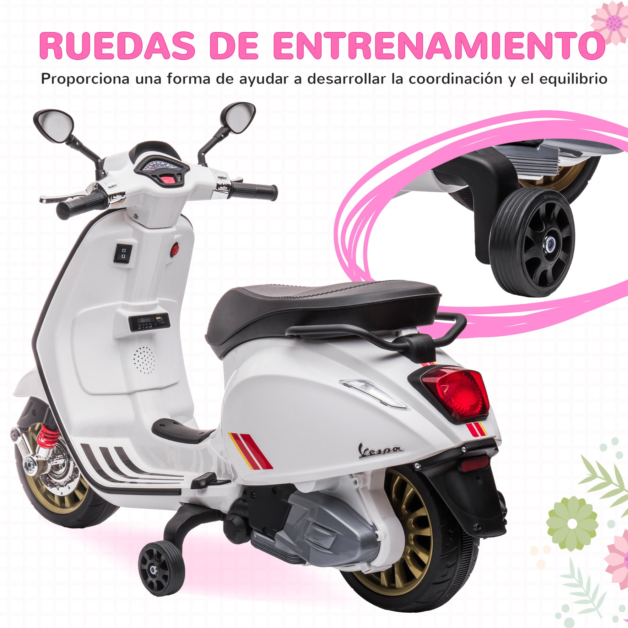 Electric Motorcycle for Kids 3+ Years with Vespa Licensed 6V Battery-Powered Motorcycle for Kids with USB MP3 LED Light FM Radio Speed 3 km/h Load 35 kg White