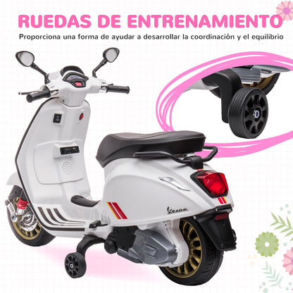 Electric Motorcycle for Kids 3+ Years with Vespa Licensed 6V Battery-Powered Motorcycle for Kids with USB MP3 LED Light FM Radio Speed 3 km/h Load 35 kg White