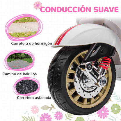 Electric Motorcycle for Kids 3+ Years with Vespa Licensed 6V Battery-Powered Motorcycle for Kids with USB MP3 LED Light FM Radio Speed 3 km/h Load 35 kg White