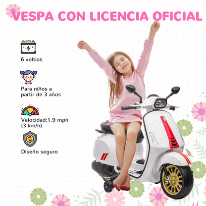 Electric Motorcycle for Kids 3+ Years with Vespa Licensed 6V Battery-Powered Motorcycle for Kids with USB MP3 LED Light FM Radio Speed 3 km/h Load 35 kg White