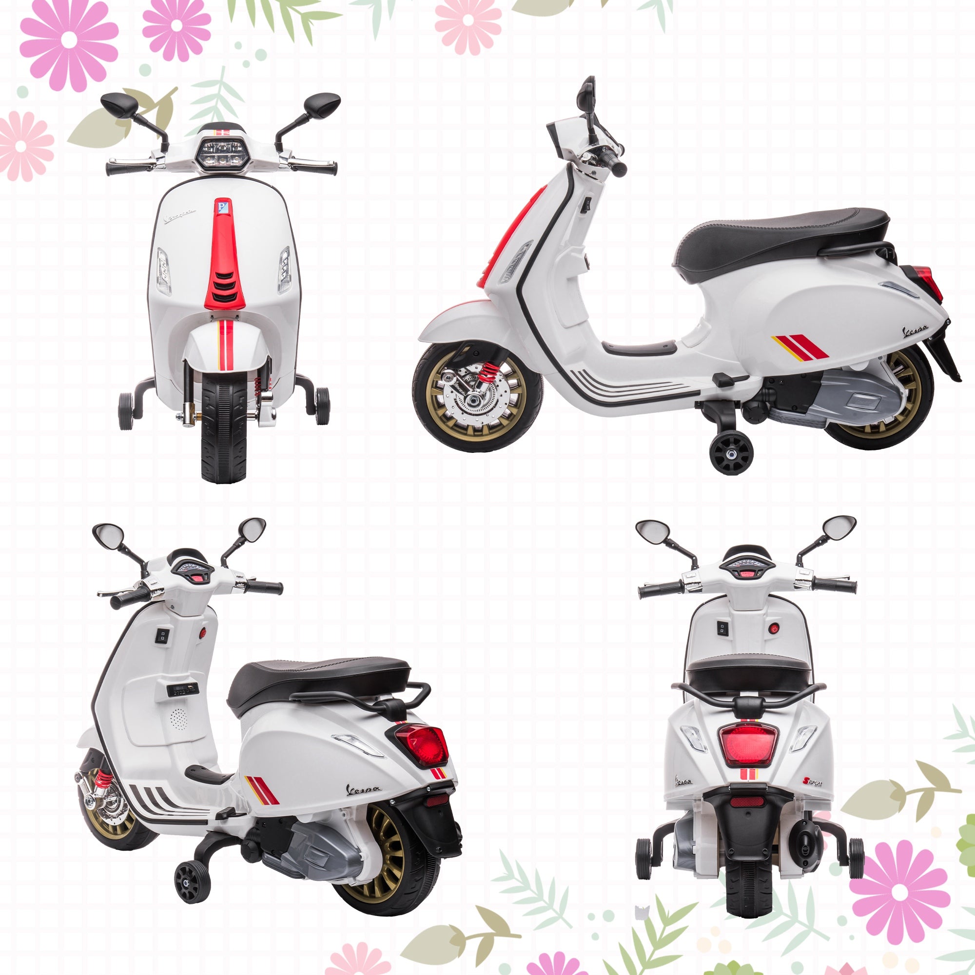 Electric Motorcycle for Kids 3+ Years with Vespa Licensed 6V Battery-Powered Motorcycle for Kids with USB MP3 LED Light FM Radio Speed 3 km/h Load 35 kg White