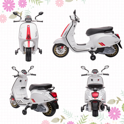 Electric Motorcycle for Kids 3+ Years with Vespa Licensed 6V Battery-Powered Motorcycle for Kids with USB MP3 LED Light FM Radio Speed 3 km/h Load 35 kg White