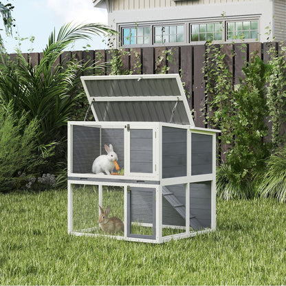 2-Tier Wooden Rabbit Hutch with Run, Weatherproof Roof, Ramp & Doors, 98 × 95 × 102.5 cm — Gray