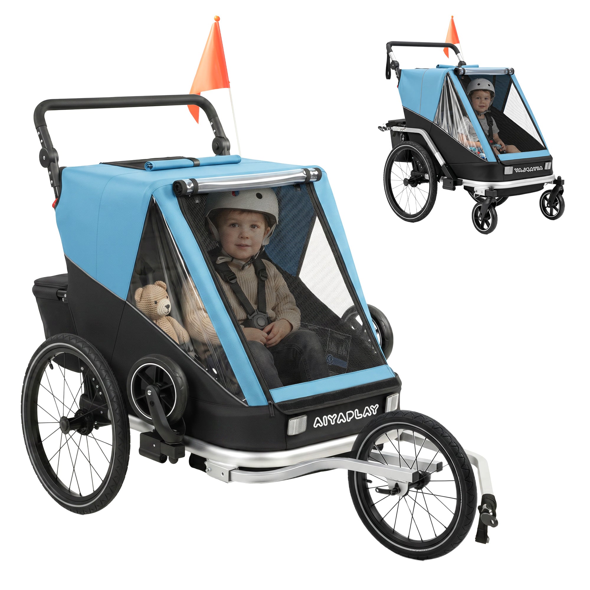 2-in-1 Foldable 2-Seat Bike Trailer & Stroller — 5-Point Harness, Safety Flag, for Children from 12 Months (Max 18 kg / 40 lb)