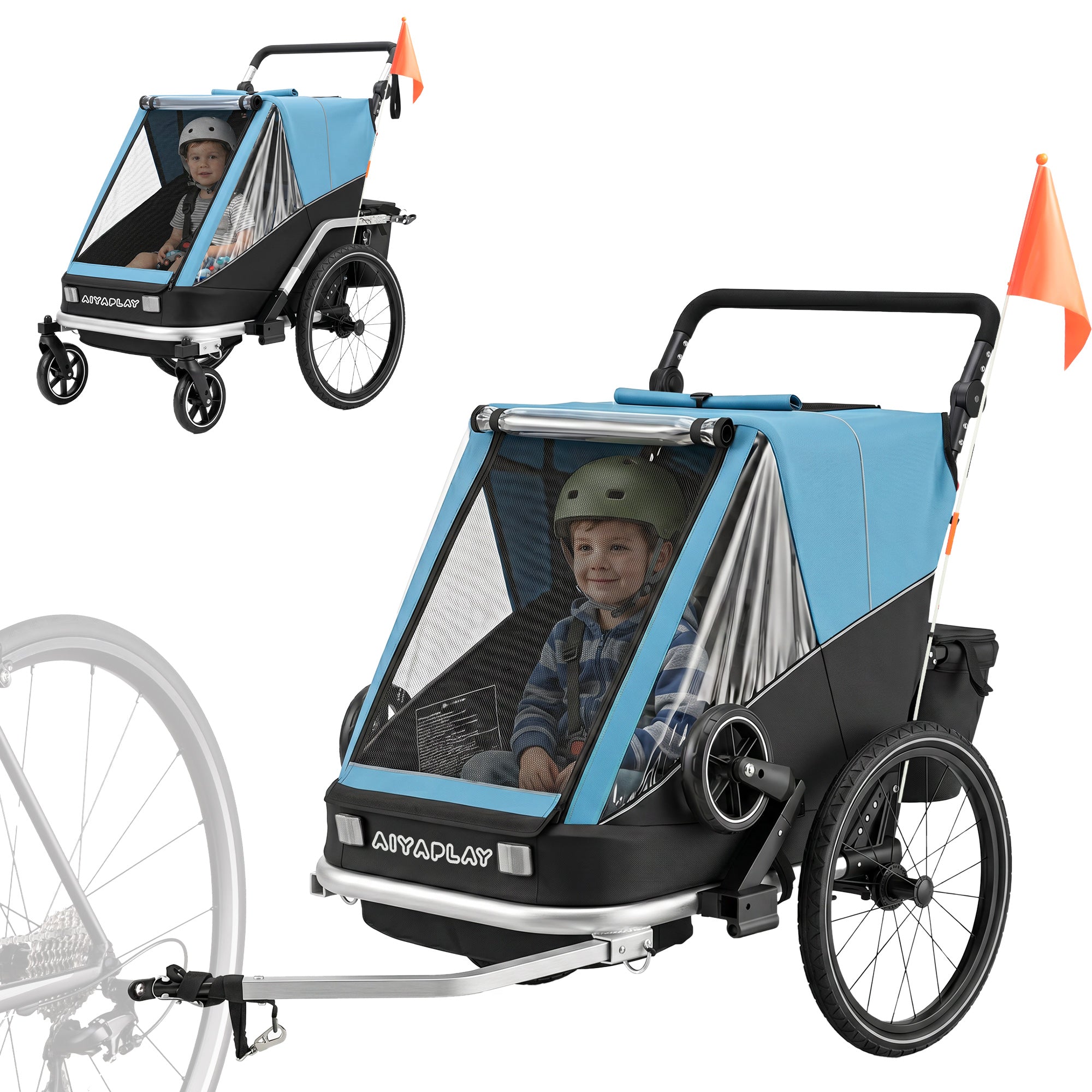 2-in-1 Foldable 2-Seat Bike Trailer & Stroller — 5-Point Harness, Safety Flag, for Children from 12 Months (Max 18 kg / 40 lb)